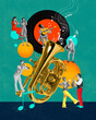 © master1305 - Group of talented, artistic people playing on diverse music instruments, singing. Authentic party. Contemporary art collage. Music, lifestyle, art of sound, performance concept. Creative bright design