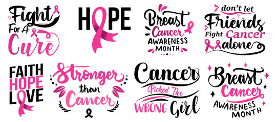 Cancer calligraphy with pink ribbon. Hope, stronger than cancer