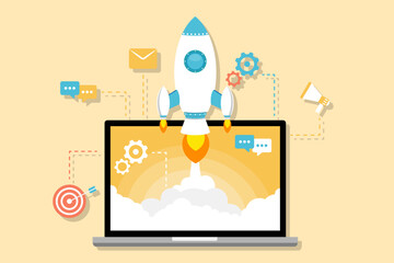 Startup background with starting rocket in laptop screen