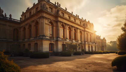 Wall Mural - Majestic sandstone building illuminated at dusk generated by AI