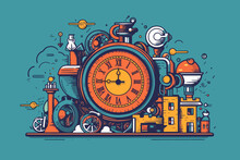 Doodle Inspired Time Traveler Building A Time Machine, Cartoon Sticker, Sketch, Vector, Illustration