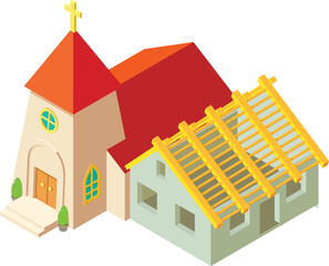 Wall Mural - Reconstruction work icon isometric vector. New building near christian church. Construction concept, reconstruction