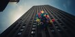 A dramatic, low-angle shot of a skyscraper being lifted by balloons, conveying a sense of whimsy and imagination, concept of Gravity-defying architecture, created with Generative AI technology