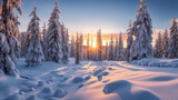 Fototapeta Natura - Snow mountain and sunset sky background. Season and environment concept. Generative ai.