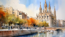 Watercolor Cityscape Barcelona , Generative Ai