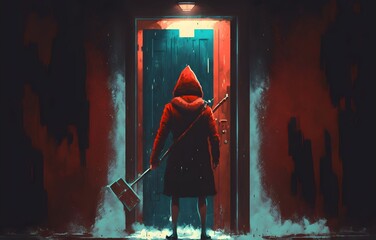 mysterious person under a red jacket holds an ax in front of the door, digital art style, illustration painting, Generative AI