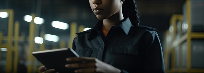 a service engineer is standing with a tablet computer and checking something. Generative AI