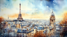 Eiffel Tower City , Watercolor Cityscape Paris , Generative Ai