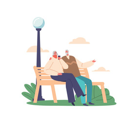 Wall Mural - Elderly Couple Characters Enjoying A Moment Together On A Park Bench, Sipping Coffee And Sharing Warmth, Love