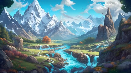 Wall Mural - The fantasy valley is surrounded by mountains and a river in the digital art style. Playful cartoon illustrations. Richly detailed backgrounds. Vibrant cartography. Drawing Painting. Generative AI.
