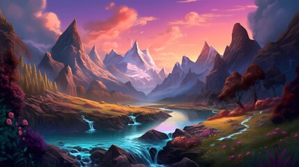 Wall Mural - The fantasy valley is surrounded by mountains and a river in the digital art style. Playful cartoon illustrations. Richly detailed backgrounds. Vibrant cartography. Drawing Painting. Generative AI.
