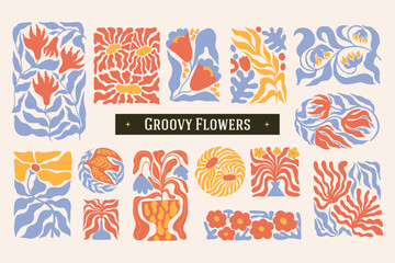 Set of retro groovy flowers and plants