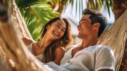 Wall Mural - A fictional person.  Smiling Couple Relaxing in Hammocks Among Palm Trees