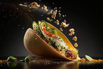 Close up of tasty taco with ingredients flying in air on black background. created with generative AI