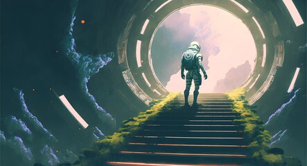 spaceman standing on the futuristic stairs and looking at the light at the end, digital art style, illustration painting, Generative AI