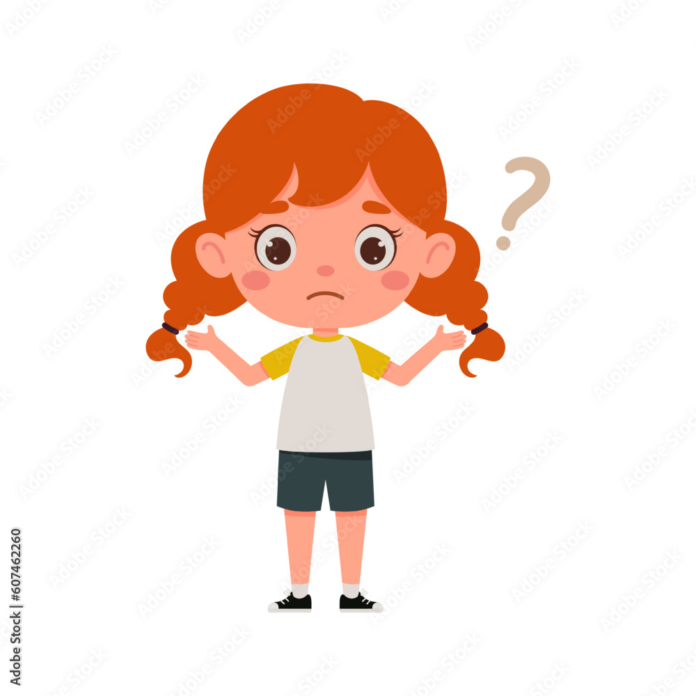 Cute little kid girl with red hair confused with question mark. Cartoon ...