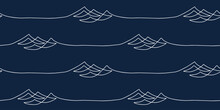 Blue Seamless Wave Pattern Drawn With One Continuous White Line.