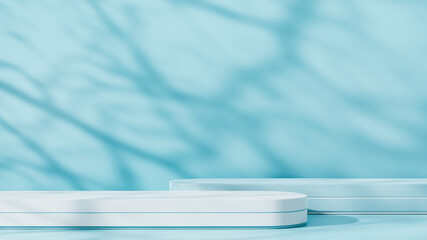 Blue background for product presentation with shadows and light. Two empty platforms. Mockup for the presentation of cosmetics. Minimalistic scene for product demonstration.