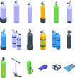 Diving cylinders icons set isometric vector. Bottle gas. Water oxygen
