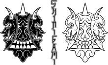 Black White Oni Demon Between Shinigami Mask Illustration. Japanese, Traditional, Line Art, Silhouette Style. Used For Decoration, Mascot Logo, Clothing, Print, T-shirt Design