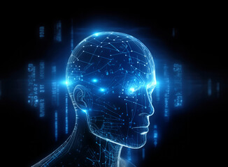Glowing silhouette of android head, concept of artifitial intellligence and digital consciousness