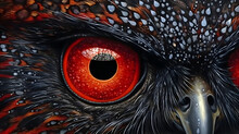 An Owl Is Looking Forward, In The Style Of Dark Black And Red