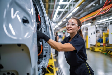 Confident female worker skillfully operating high-tech machinery in a modern automotive manufacturing setting, candid shot, generative ai