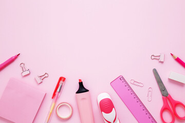 Set of stationery for work and study on pink background. Back to school. .Top view, flat lay, copy space
