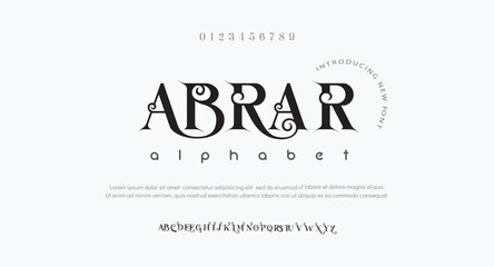 Wall Mural - Elegant awesome alphabet letters font and number. unique serif font. Classic Lettering Minimal Fashion Designs. Typography fonts regular uppercase and lowercase. vector illustration