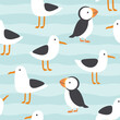 Seagulls and Puffin seamless pattern, vector illustration