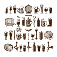 Big Vintage Set Of Beer Objects. Various Types Of Beer Glasses And Mugs, Barrel, Bottle, Can Opener. Vector Illustration.