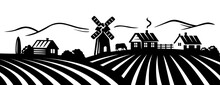 Farm And Field Black Vector. Retro Rural Landscapes