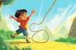 © yuniazizah - illustration of kid playing pull the rope and have fun laying on a sunny day made with Generative AI