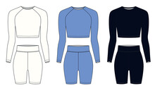 Collection Of Vector Drawings Of Fashionable Women's Sportswear, White, Blue, Black Colors. Sketch Of Bicycle Shorts And Long Sleeved Top, Vector. Set Of Jersey Shorts And Tank Top Templates.