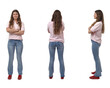 © curto - back,side and front view of a young girl standing and arms crossed on white background