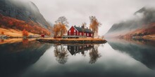 A Red Cottage Of The Norwegian Culture And Architecture In Norway Near Lake, Lake House, Stunning Scenery Of Lake, Misty Mountains Background.