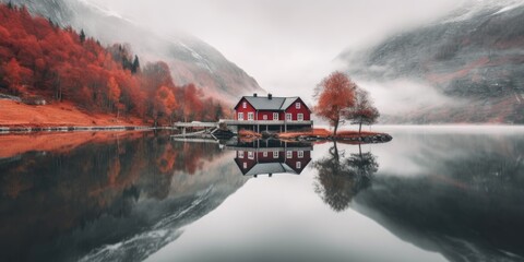 A red cottage of the Norwegian culture and architecture in Norway near lake, lake house, stunning scenery of lake, misty mountains background.