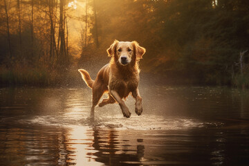 Wall Mural - Pure bliss of a happy dog as it joyfully leaps into the water, creating a splash of excitement. Ai generated