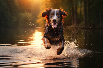 Wall Mural - Pure bliss of a happy dog as it joyfully leaps into the water, creating a splash of excitement. Ai generated