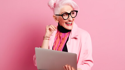 Modern adult woman in stylish pink clothes with pink hair, Barbicor style, holding a laptop. Portrait of a happy woman, office worker head Generative AI