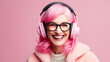 © ximich_natali - Adult modern woman with pink hair and headphones, Barbicor style. Portrait of a smiling happy attractive woman Generative AI