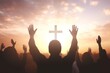 © Raool - Christian  raising hands in praise worship and prayer to god with White cross at sunrise, Generative AI