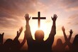© Raool - Christian  raising hands in praise worship and prayer to god with White cross at sunrise, Generative AI