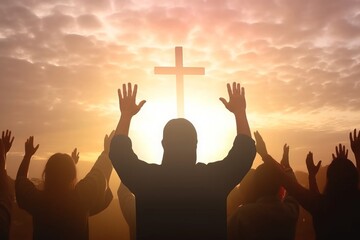 Wall Mural - Christian  raising hands in praise worship and prayer to god with White cross at sunrise, Generative AI