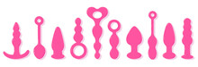 Cute pink sex toys. Anal plugs, vibrators, balls, dildo. Erotic doodle set. For adult games.