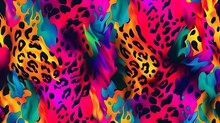 Seamless Psychedelic Rainbow 80s Leopard Print Animal Skin Pattern Background Texture. Trippy Abstract Dopamine Fashion Motif. Bright Colorful Neon Pink, Blue And Yellow Wallpaper Or Retro Backdrop