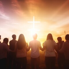 Wall Mural - Worship concept: Group of people holding hands praying worship at sunset background, Generative AI