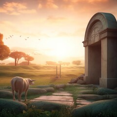 Wall Mural - Easter concept: Tomb Empty and Lamb With Crucifixion At Sunrise, Generative AI
