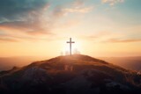 Fototapeta  - Christian cross on hill outdoors at sunrise, Generative AI