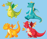 Fototapeta Dinusie - Different color of dragon in color in cartoon style